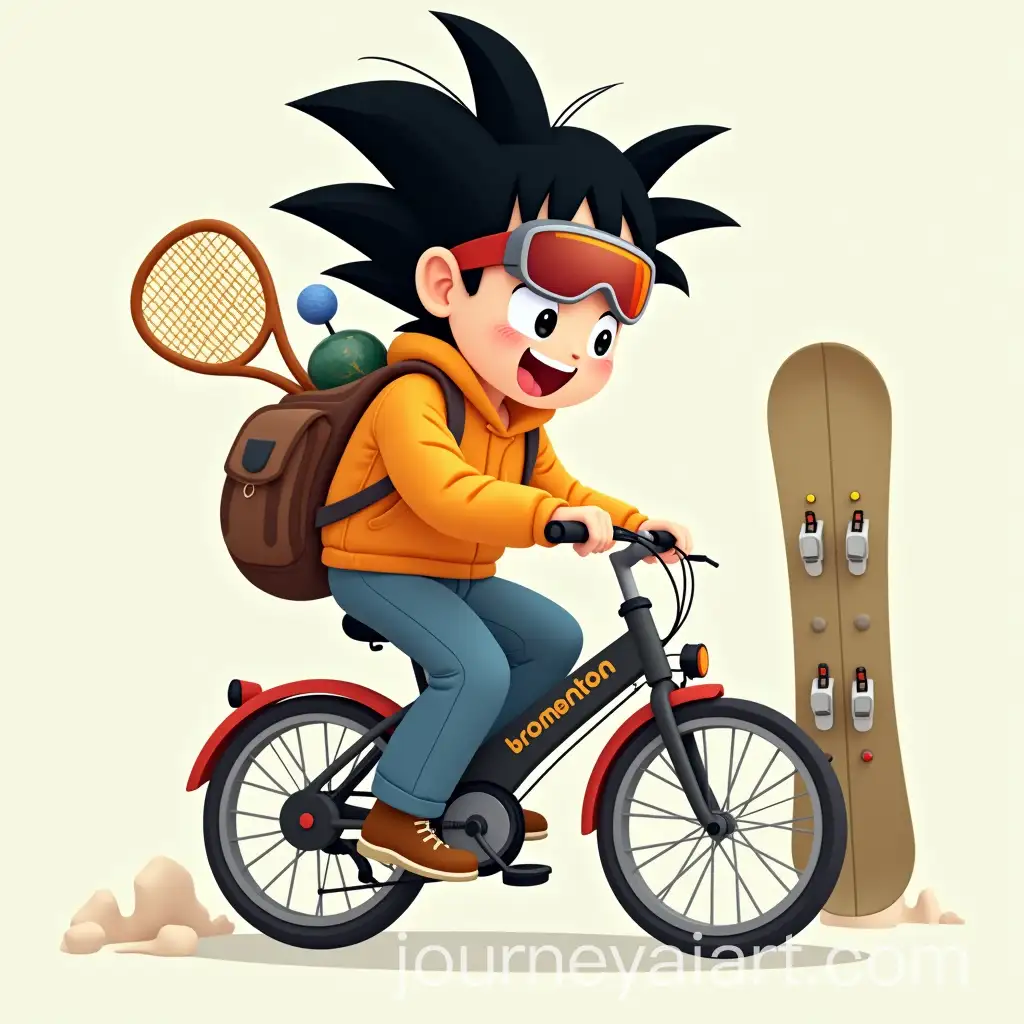 Son-Goku-Riding-a-Brompton-Bicycle-with-Snowboard-and-Tennis-Gear
