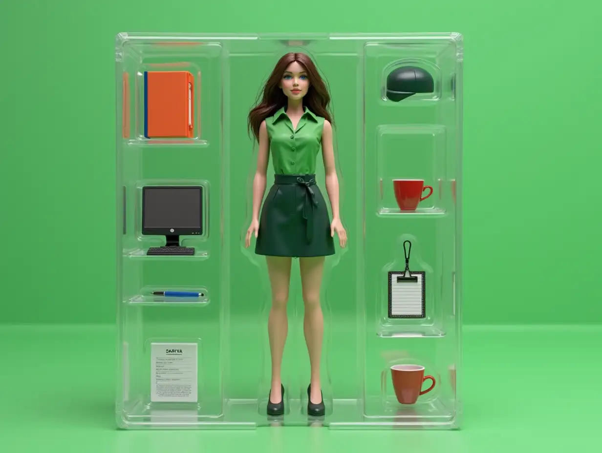 Create a photorealistic figurine of a girl in the picture. The girl is wearing a green sleeveless shirt, a dark green skirt, a cap of the same color and black high-heeled shoes with a small heel. The girl has loose brown hair to her shoulders, blue eyes and fair skin. The figure should be full size and fit into a transparent plastic box with a colorful cardboard background like real collectible toys. Make the packaging as realistic as possible - shiny plastic, sections for items and a design in the style of a toy store. On the box, write the brand Darya – customs officer. The background of the packaging will be green. Place accessories next to the figure: a document folder, a desktop computer, a cup of coffee, a work pass on a cord, a notebook with a pen. Make the figurine in the style of Barbie.