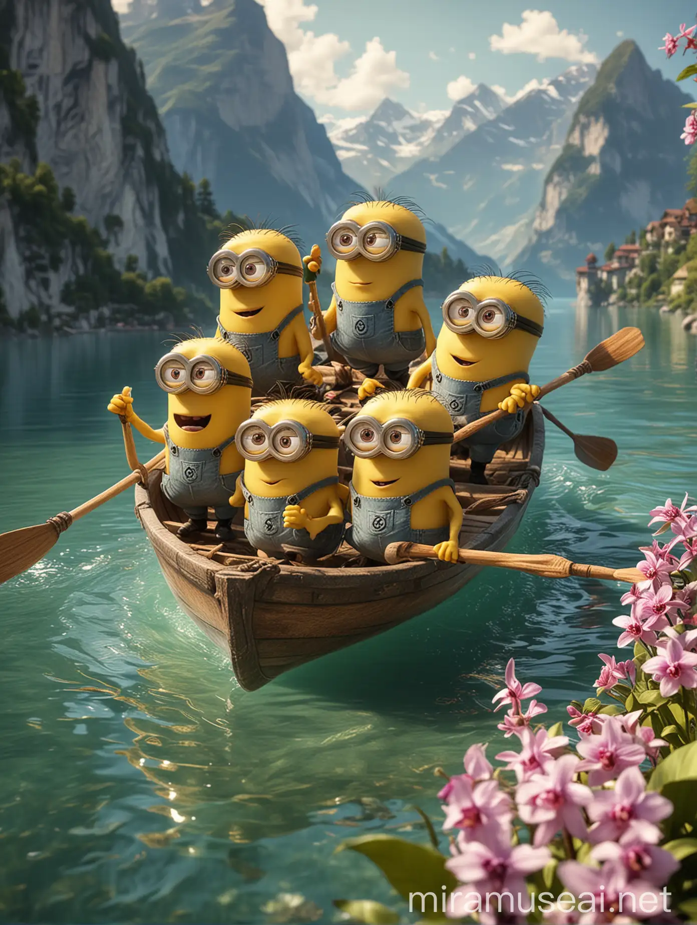 Minions Rowing on Lake Brienz with Orchids in Cartoon Style