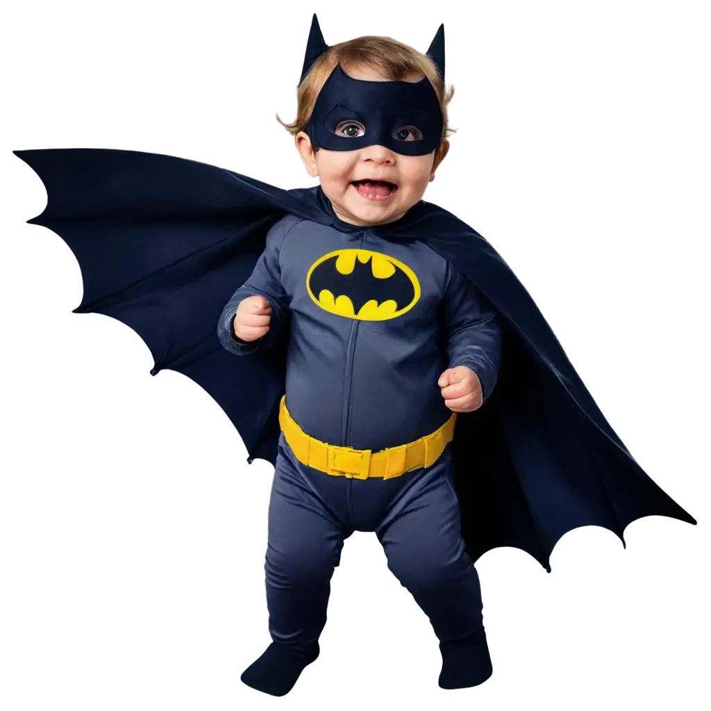 a toddler in batman costume flying in the sky