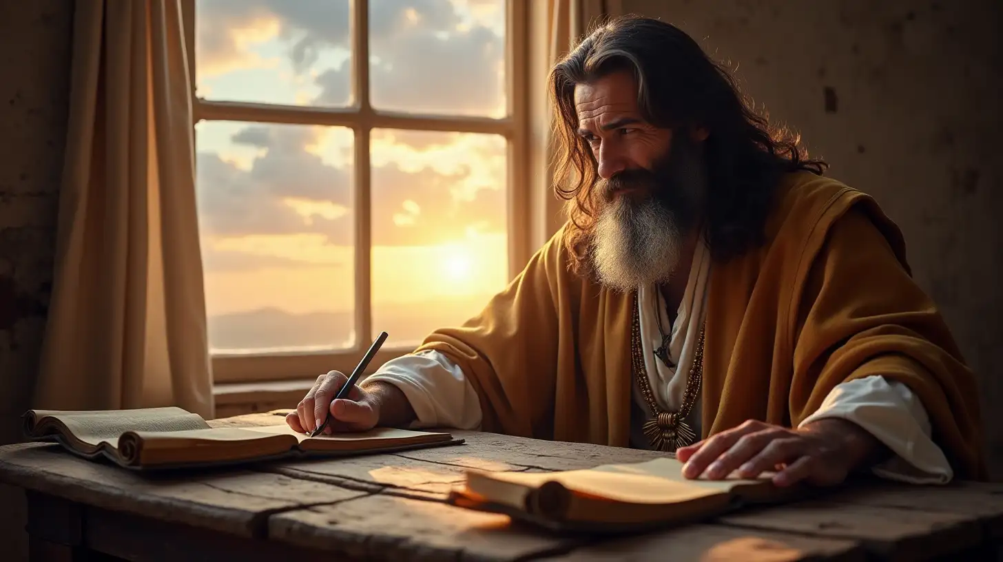 Biblical Era Scribe Writing Scrolls with Magnificent Sky View