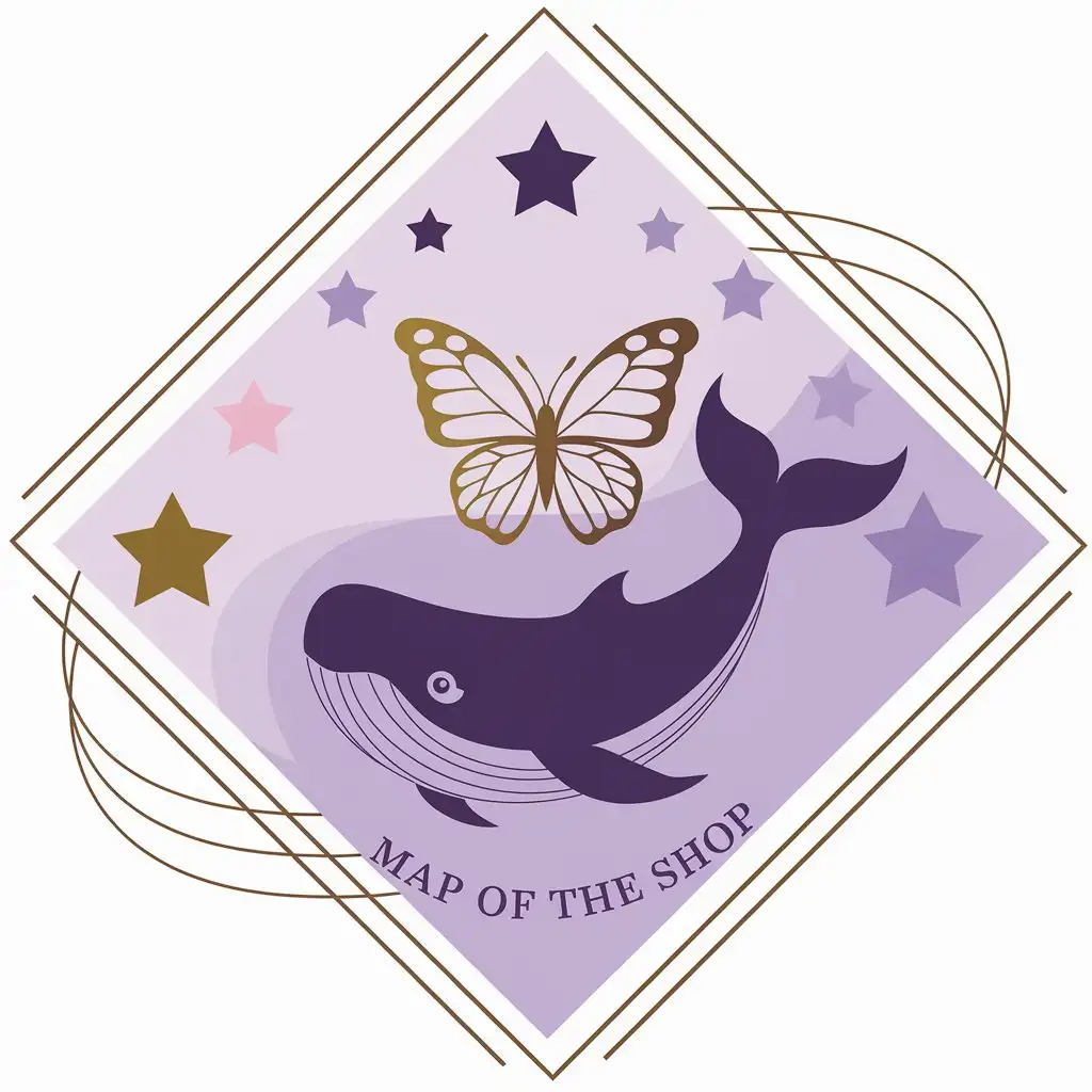 LOGO-Design-For-Map-of-the-Shop-Mariposa-and-Purple-Whale-with-Golden-Stars