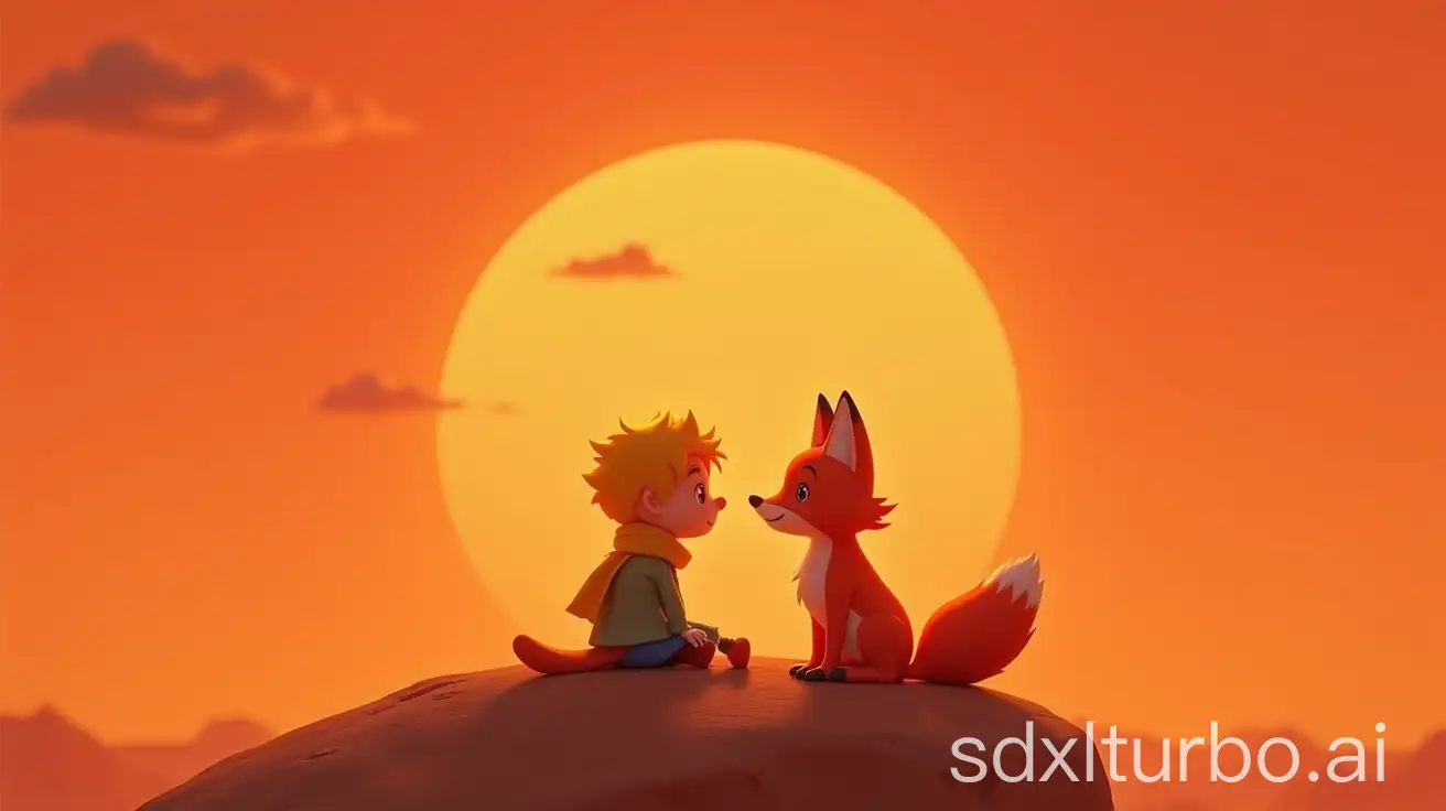 The-Little-Prince-and-Fox-Sitting-on-Desert-Rock-at-Sunset