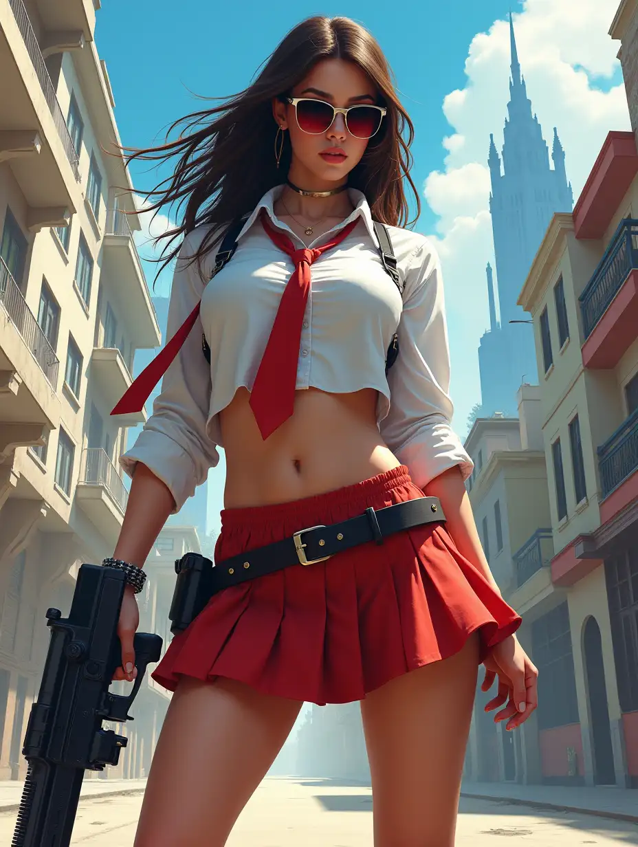 Wide-angle digital painting, (Beautiful woman in stylish school uniform, midriff showing, short skirt, and sunglasses: 1.3), Triangular composition, Dynamic full-length pose, Confident expression, (Armed mercenary: 1.3), Gun grip, Supporting pose, City background, Skyscrapers in the distance, (Bright sunlight: 1.2), Sharp contrasts, Bold colors, Clear details. female mercenary in cool cyberpunk style in colorful fantasy style, realism, post-apocalyptic landscape, cartel, bald rod, oil painting, rod Nostalgia, strong emotions, low angle, high detail, sharp focus