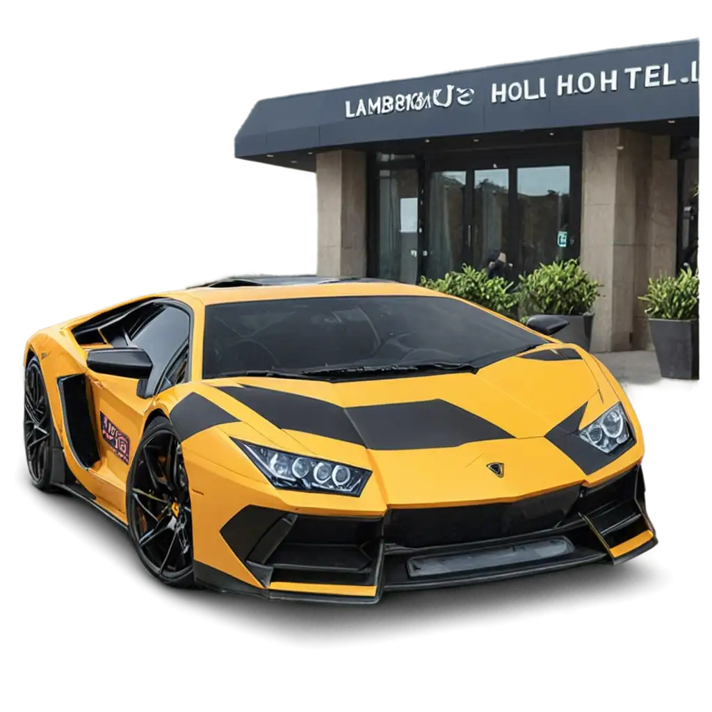 Lamborghini-in-Front-of-Hotel-PNG-Image-HighQuality-and-Clear-Design-for-Stunning-Visuals