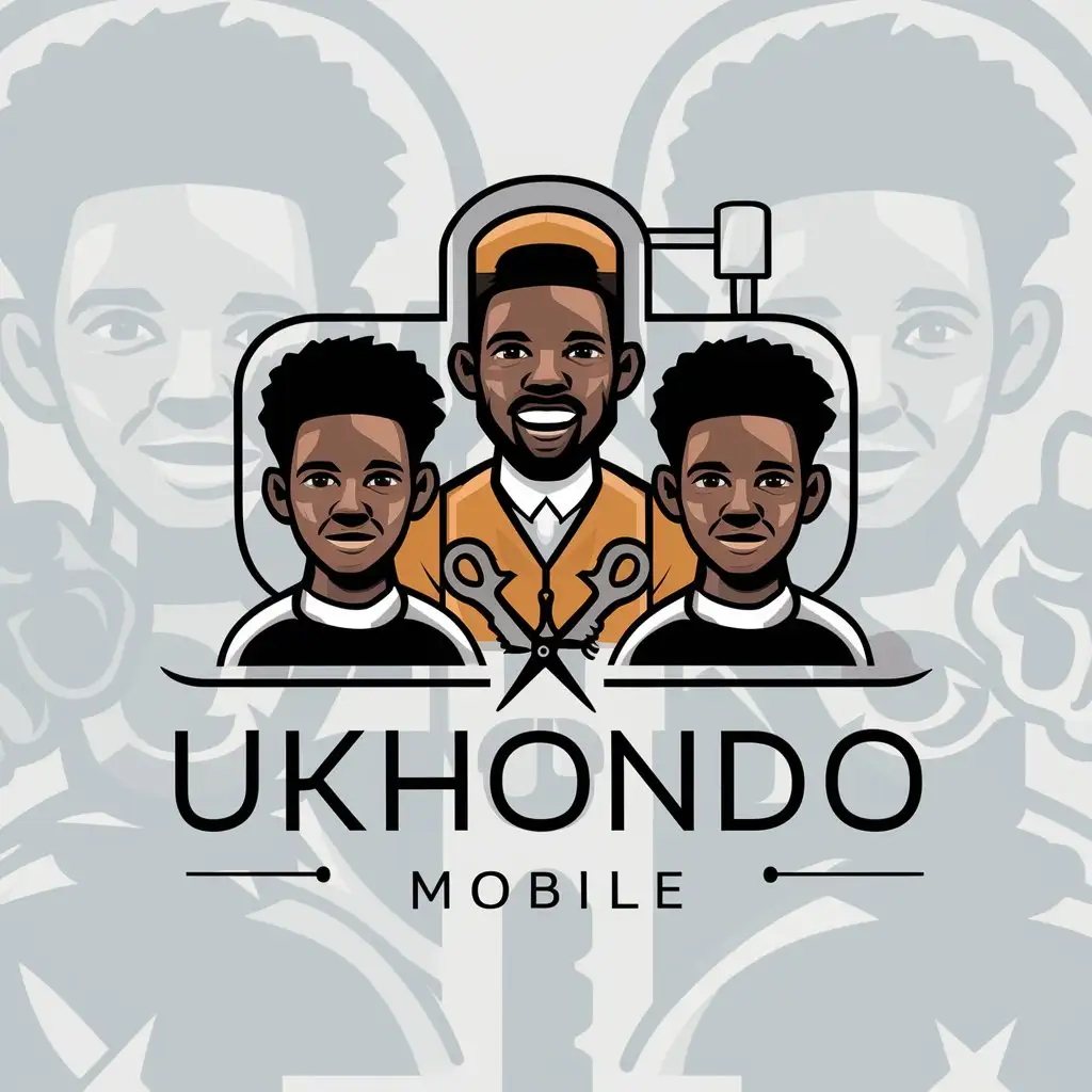 LOGO Design for Ukhondo Mobile Two Black Sons and Dad with Scissors and Barber Machine Symbol