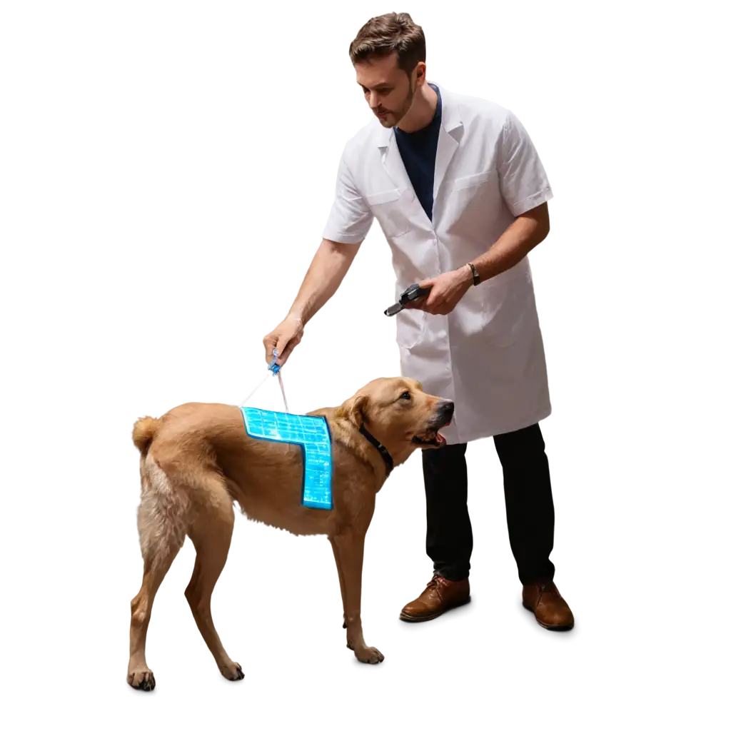 full length male vet examines a dog with hologram