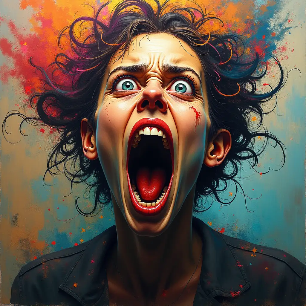 An Expressionist portrait of a person screaming with exaggerated features and intense, swirling colors to convey a sense of despair and chaos