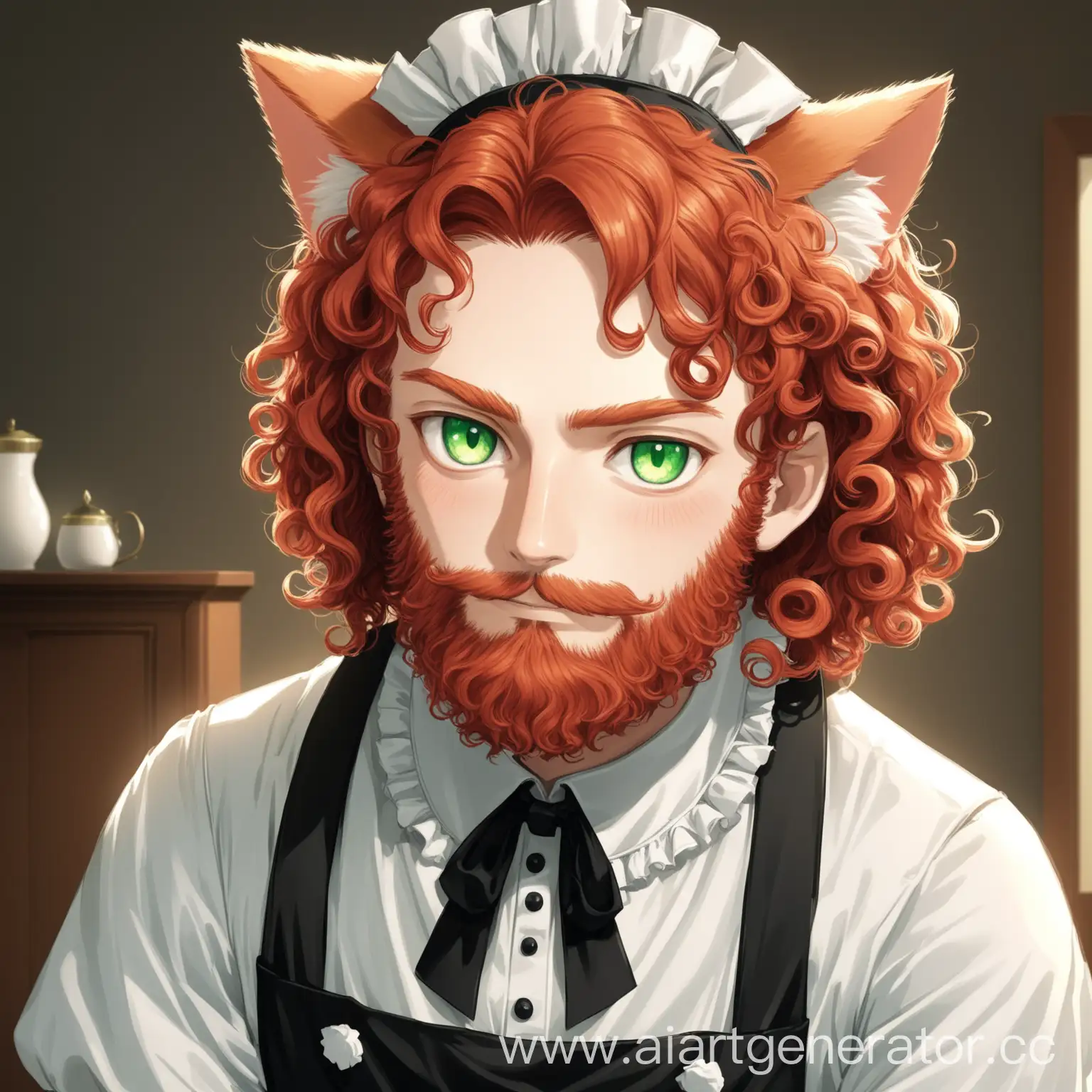 Curly-RedHaired-Man-with-Cat-Ears-in-Maid-Outfit