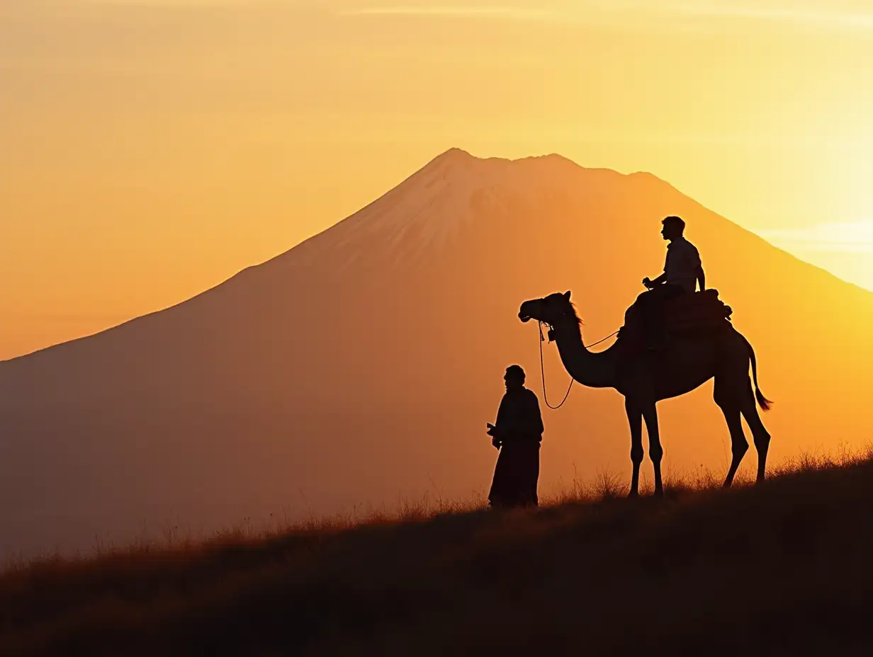 Mount Kilimanjaro is high with snow at sunrise a bedouin on a camel