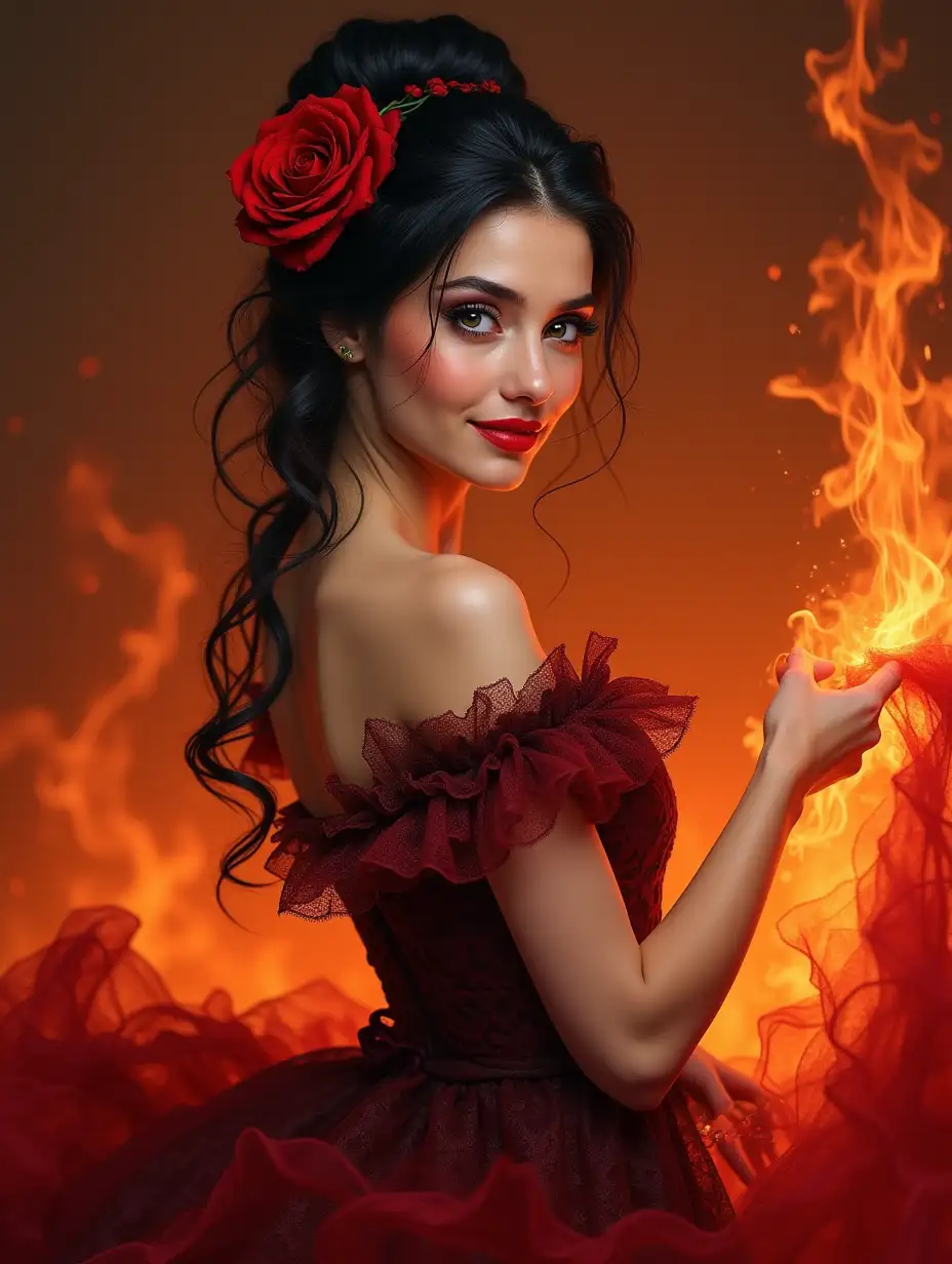 Close-up, A beautiful young Spanish dancer in a lush red and black dress, with a rose in her black hair, against a background of flames. Perfect face. smile, Dinamic pose, Watercolor technique, poster design, 300 dpi resolution, soft lighting, Unearthly Art, Mystery, masterpiece