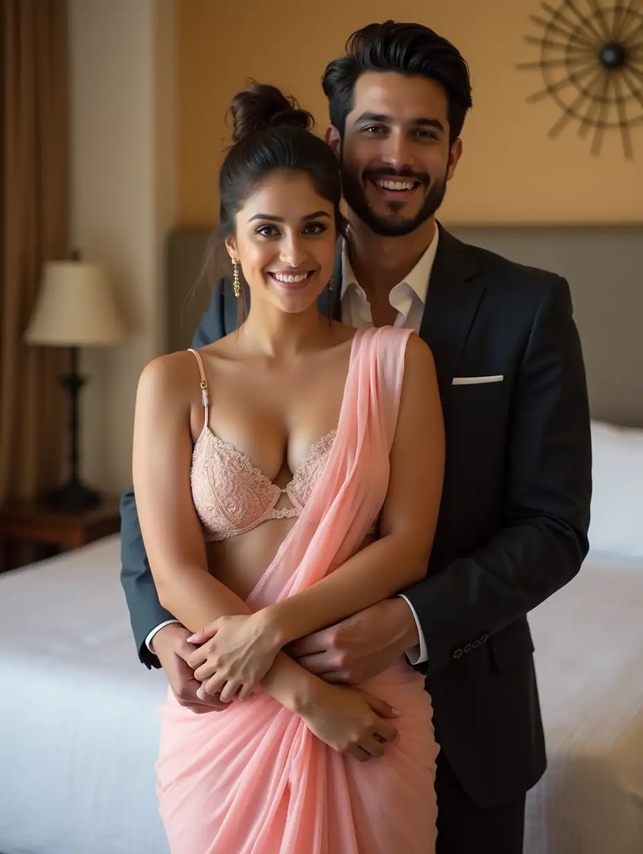 Romantic-Couple-in-Intimate-Bedroom-Embrace-with-Light-Pink-Saree