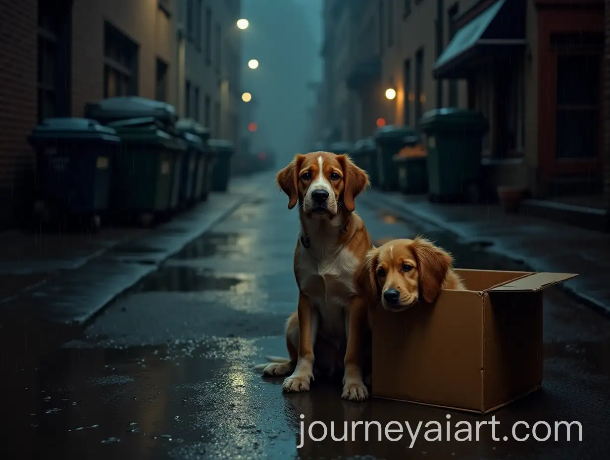 Scruffy-Terrier-and-Golden-Retriever-Seeking-Shelter-on-Rainy-City-Street