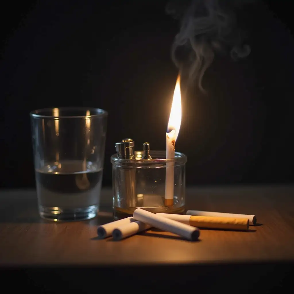 Cigarettes, lighter, glasses