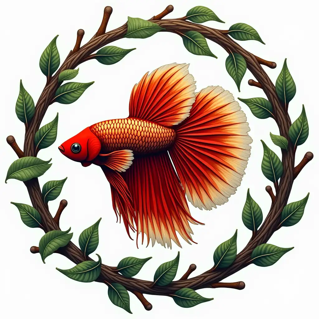 A beautiful Betta splendens fish logo in a circle of twigs and leaves. Highly detailed