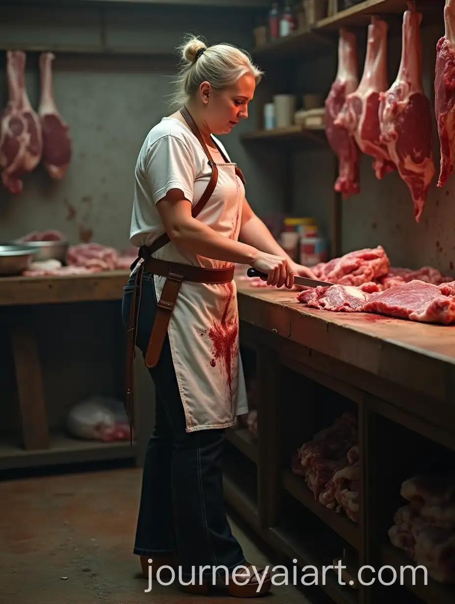 MiddleAged-Female-Butcher-Cutting-Meat-in-ButcherAI-Image-Prompt-Expansion-Shop-with-BloodSplattered-Apron