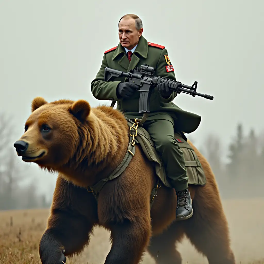 Vladimir Putin rides a bear, with a machine gun in his hands, a shoulder badge Z, Vladimir Zelensky runs away