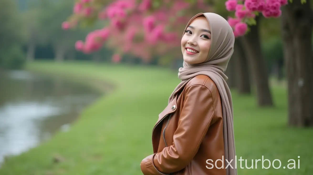 Woman-in-Light-Brown-Hijab-and-Jacket-by-the-Riverbank-with-Pink-Flowers