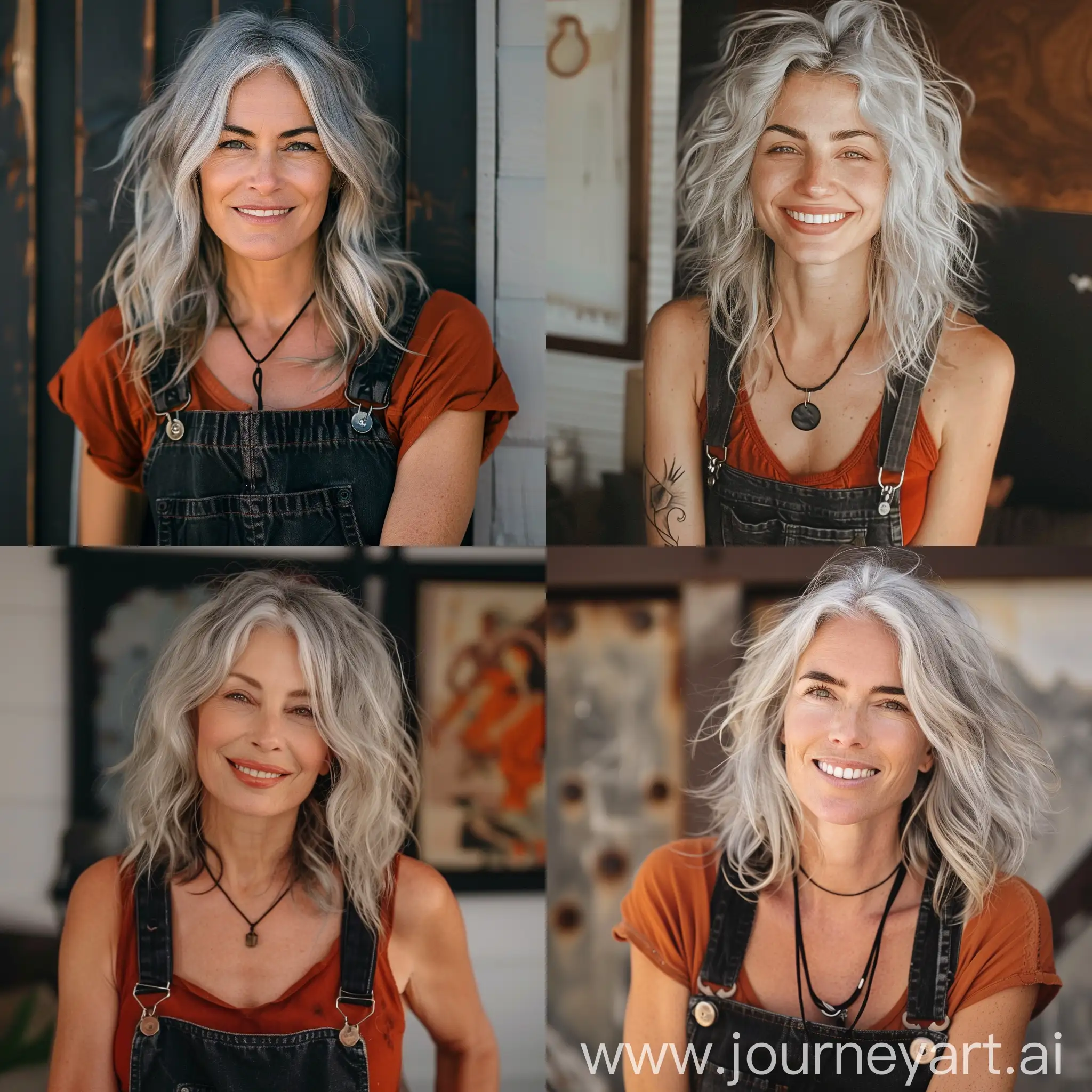 Joyful-Woman-with-Tousled-Silver-Hair-in-Black-Denim-Overalls