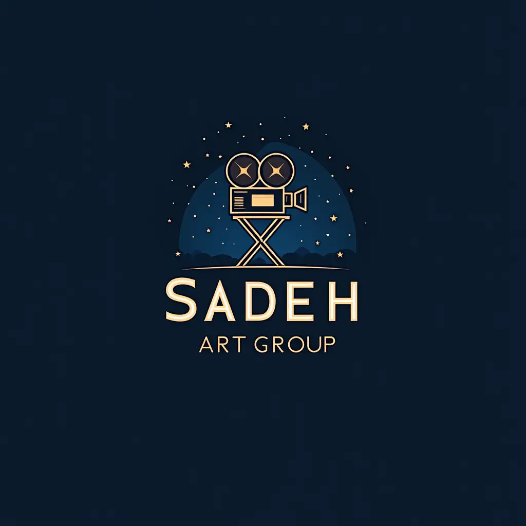 Design a logo for a filmmaking art group named 'Sadeh Art Group.' The logo should incorporate a movie camera as the central symbol, representing filmmaking. Include elements of the night sky (stars, moon, or a dark blue gradient) to evoke creativity and inspiration. Add a director's chair subtly integrated into the design to symbolize leadership and vision in filmmaking. The group's name, 'Sadeh Art Group,' should be prominently displayed in a modern, artistic font that complements the cinematic theme. The overall design should feel elegant, creative, and professional, reflecting the group's dedication to the art of filmmaking.