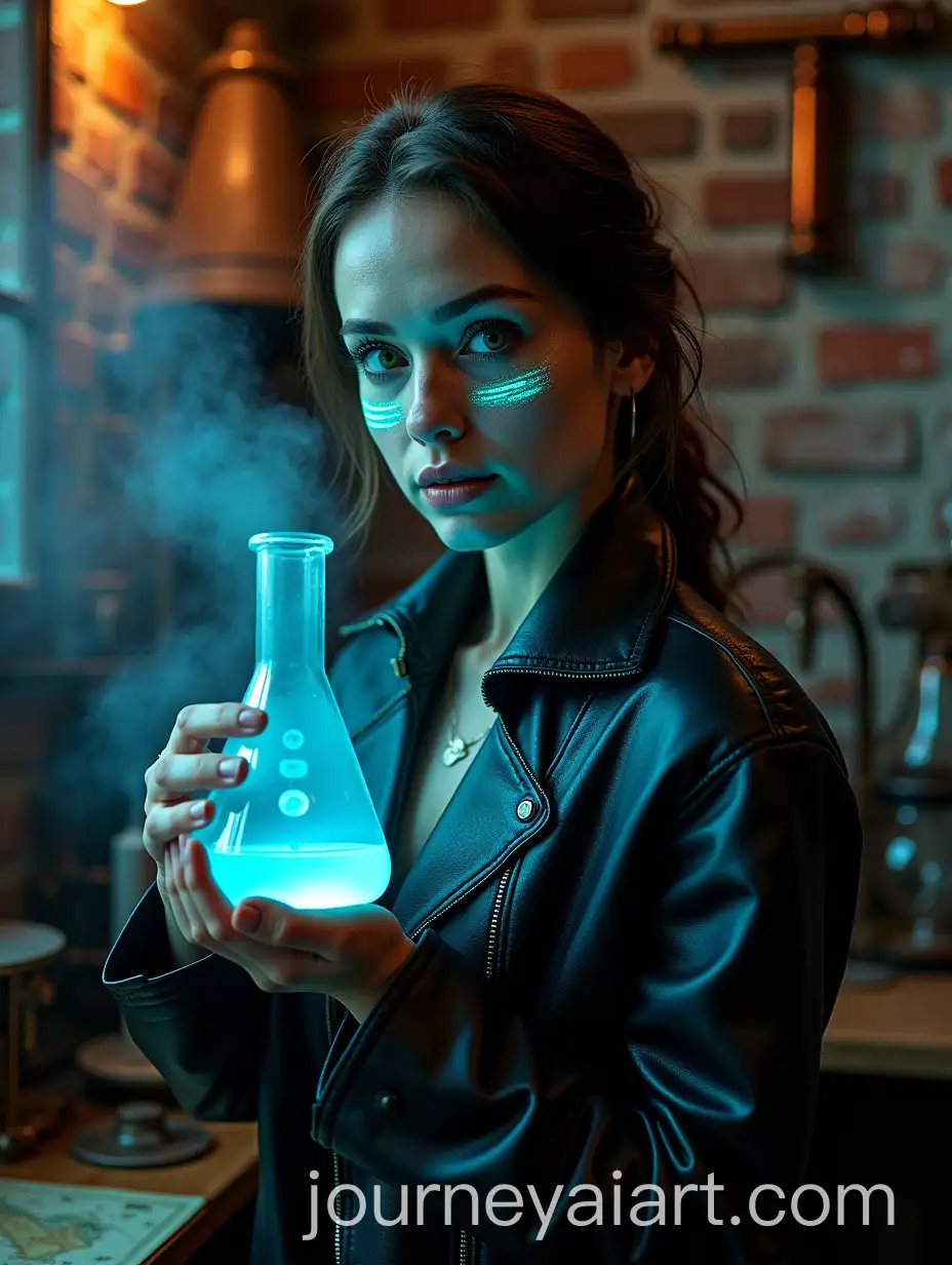 Woman-in-Steampunk-Laboratory-Holding-Flask-with-Fluorescent-Liquid