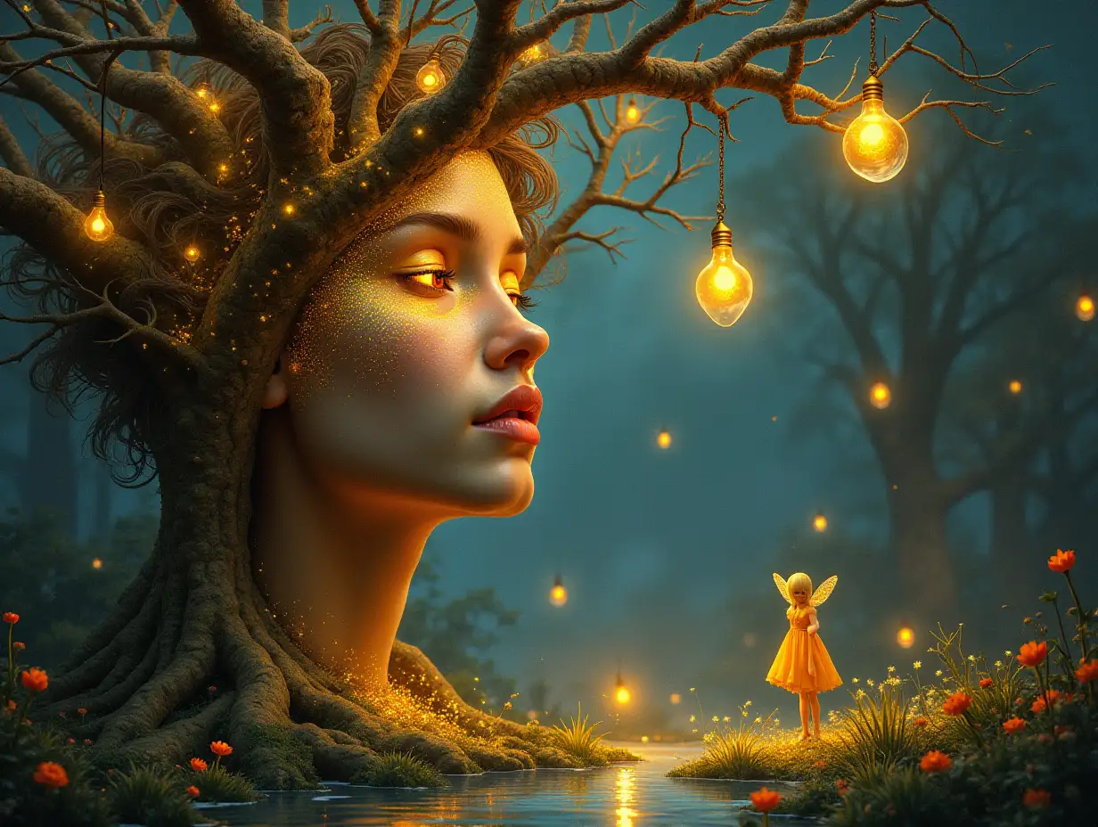 Creating a digital painting of a face with leuctkugel hair, that transforms into a building with gold stones and illuminated trees with golden roots and a river with floating light bulbs and lanterns and strange fairy beings in a meadow