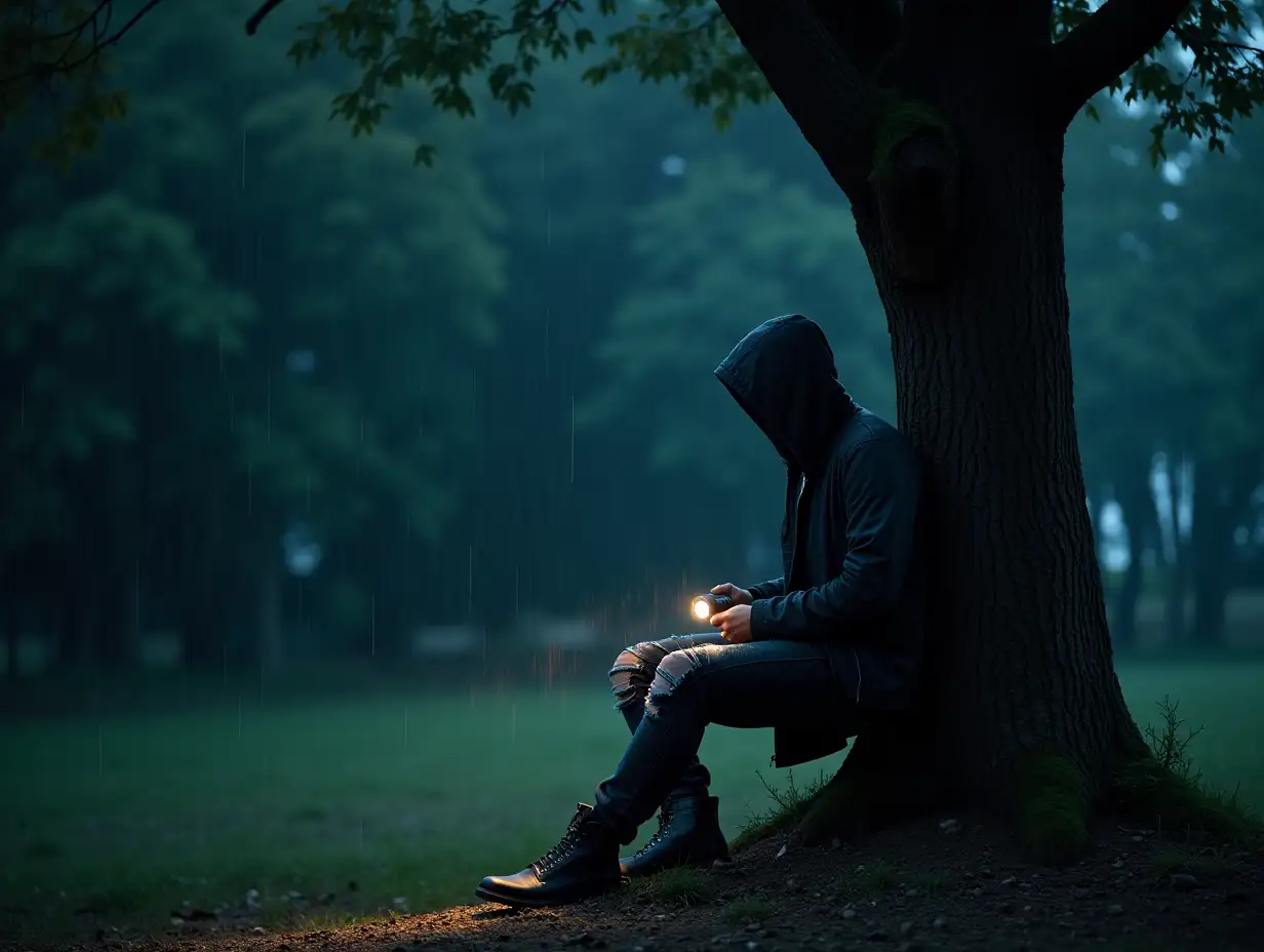 a man wearing a hooded jacket, wearing ripped jeans and wearing boots, carrying a flashlight, sitting under a large tree in a forest at night, with heavy rain soaking his body