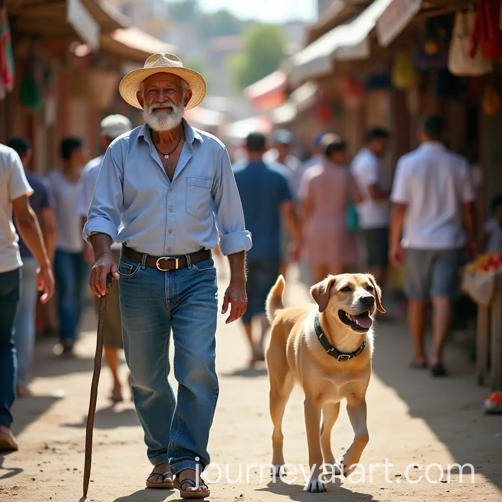 Happy-Elderly-Man-with-His-Dog-at-a-Crowded-Open-Market