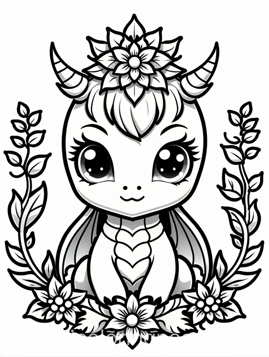 Chibi-Dragon-Flower-Crown-Coloring-Page