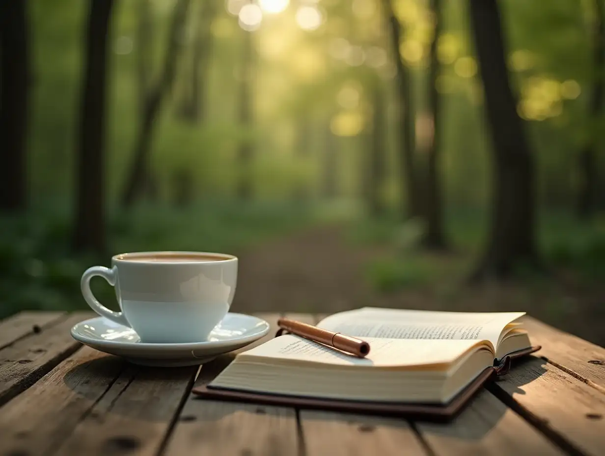 a wooden table in the middle of the forest with a book and a notebook and a cup of coffee