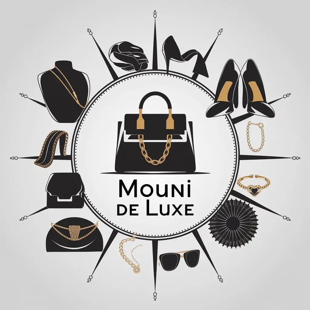 LOGO Design for Mouni De Luxe Black Vector with Womens Handbags Clothes and Jewelry Theme