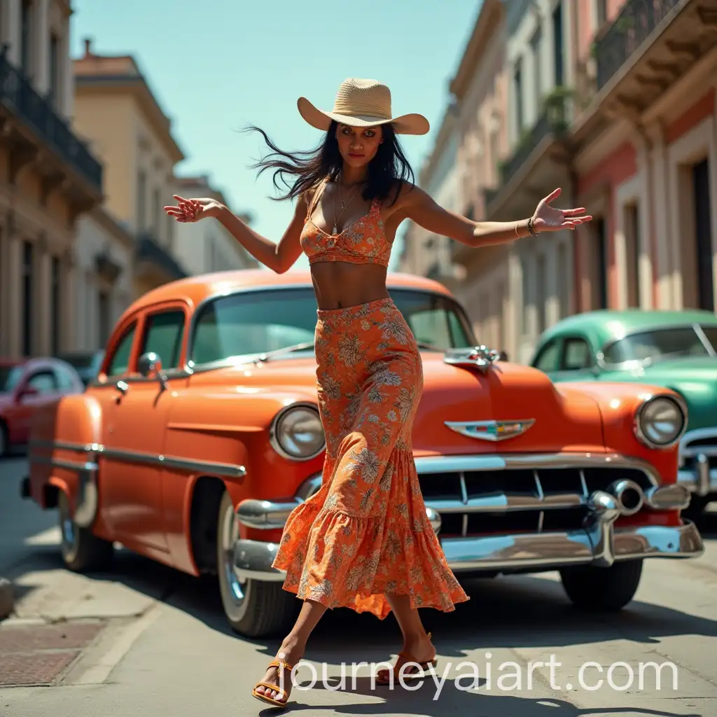 Cuban-Woman-Dancing-Joyfully-Next-to-Vintage-Car-in-Vibrant-Street-Scene