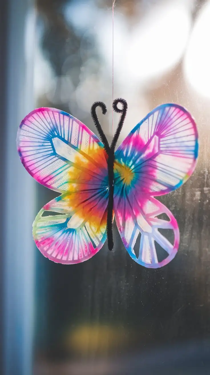 Close-up of a delicate tie-dye coffee filter butterfly craft hanging from a window with sunlight streaming through, vibrant watercolor tie-dye patterns on coffee filters, black pipe cleaner body and antennae, transparent and airy, shallow depth of field, dreamy, ethereal style.