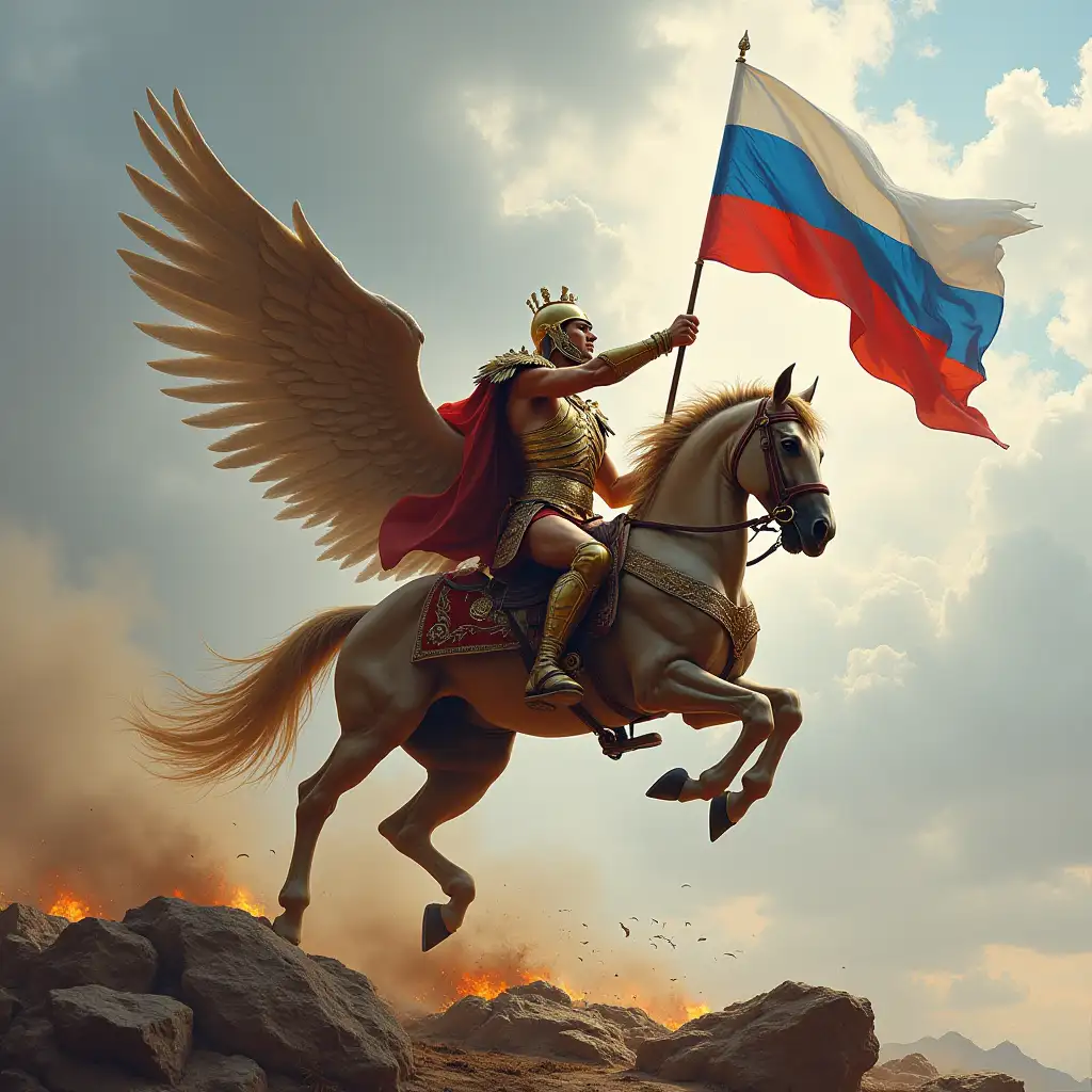 Divine Mars is flying on a warlike, winged horse above the battlefield, in his hand unfurls a white-blue-red flag of Russia