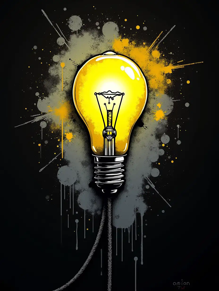 graffiti on a black background, a 3 big LED light bulb and wires, yellow white gray black, wide strokes of paint, dynamic composition, street art, vector drawing