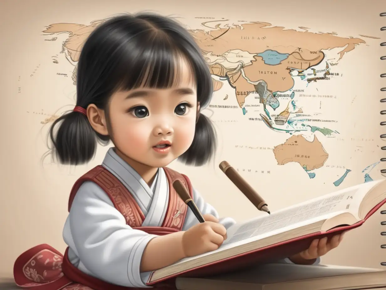 Asian Girl Teaching History from a Book