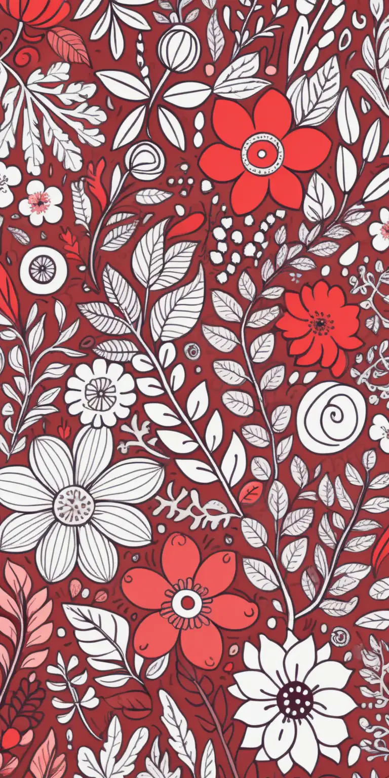 Colorful Floral Doodle Pattern with Various Red Flowers