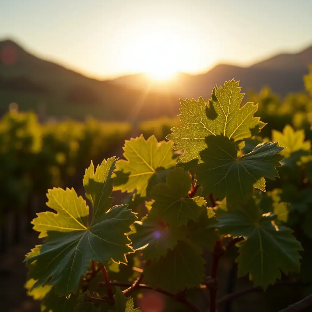 Vineyards, individually highlight the cluster, grapes translucent in the sun, mountains in the distance
