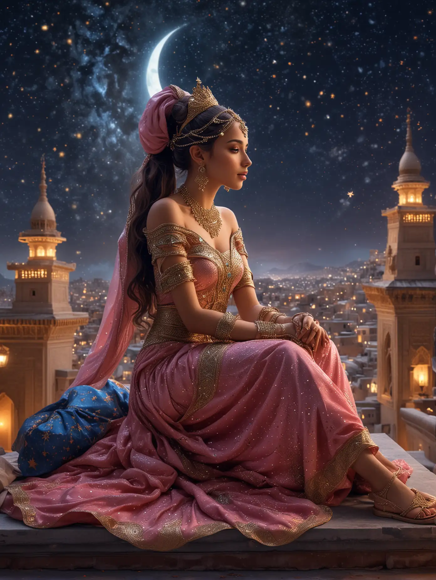 Whimsical style of beauty arabian princess sitting majestically on rooftop floor, ponytail hair and luxury headdress, night sky with a lot of sparkling stars and crescent moon background, masterpiece art, unusual art. Her presence emanates an aura of power and mysterious, perfectly capturing the essence of an epic fantasy scene, vibrant, amazing raytracing light, colorful natural shape