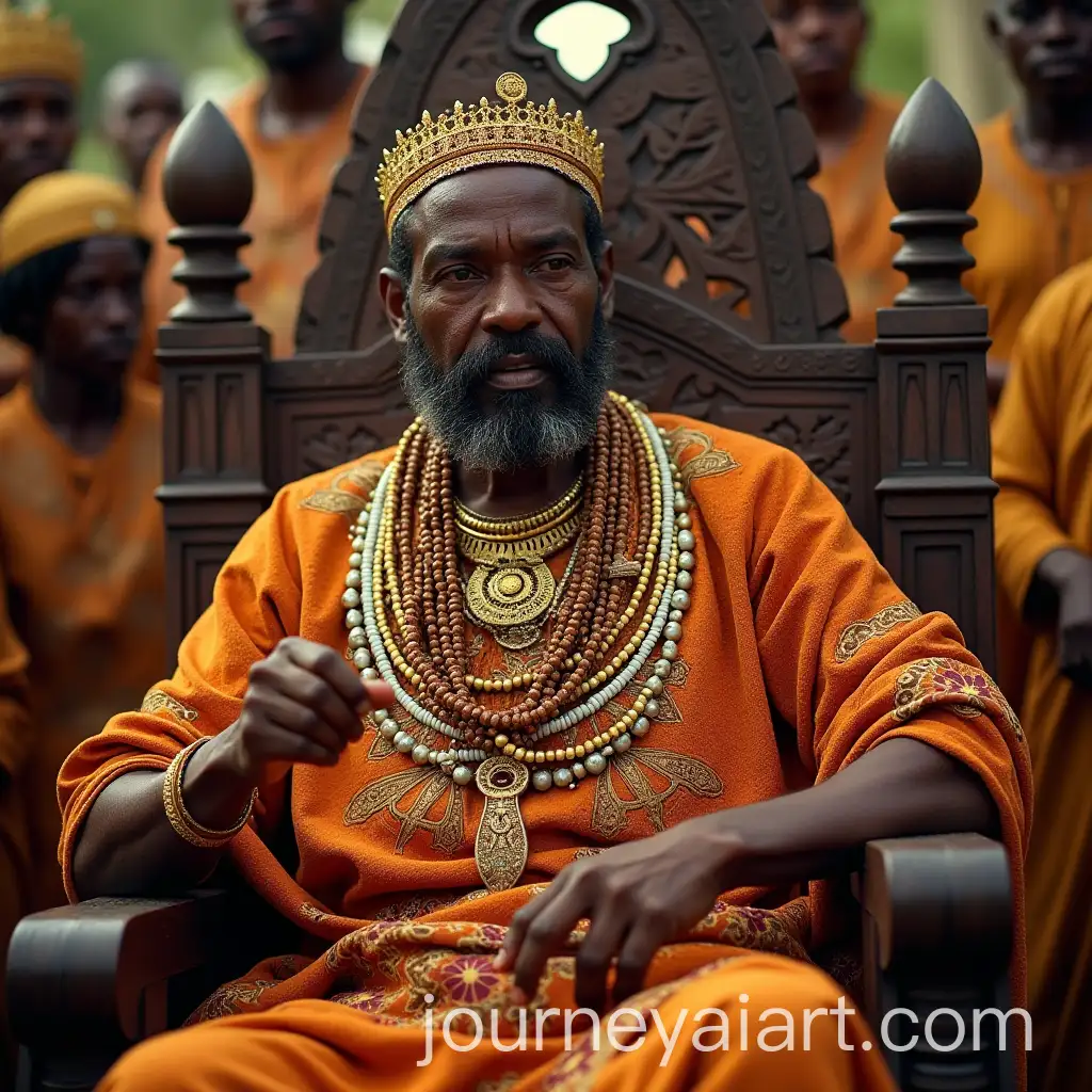 Chief-Addressing-Villagers-at-Feast-on-Ornate-Wooden-Throne-with-Akan-Beads-and-Fabrics
