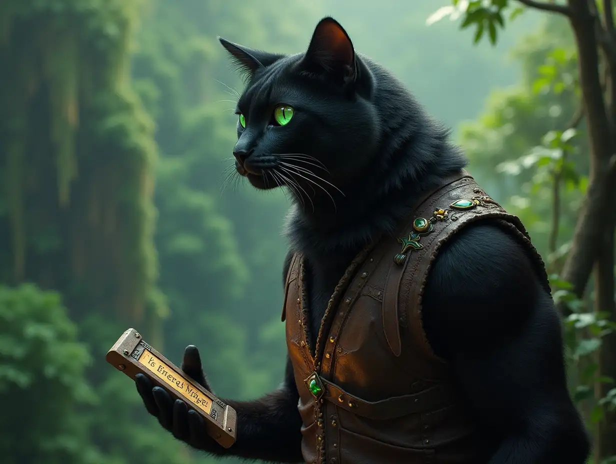 the tall and muscular black-furred cat with piercing green eyes, stood at the edge of a cliff overlooking a dense jungle. His rugged leather vest, worn from battles, glinted faintly in the sunlight. In one paw, he held an ancient tablet with glowing inscriptions pointing to the 'Emerald Maze.' The Ruby Fang and Sapphire Claw pulsed faintly in his vest, their light reflecting off his sleek fur. With a determined gaze, he descended into the jungle, his claws ready for the challenges ahead