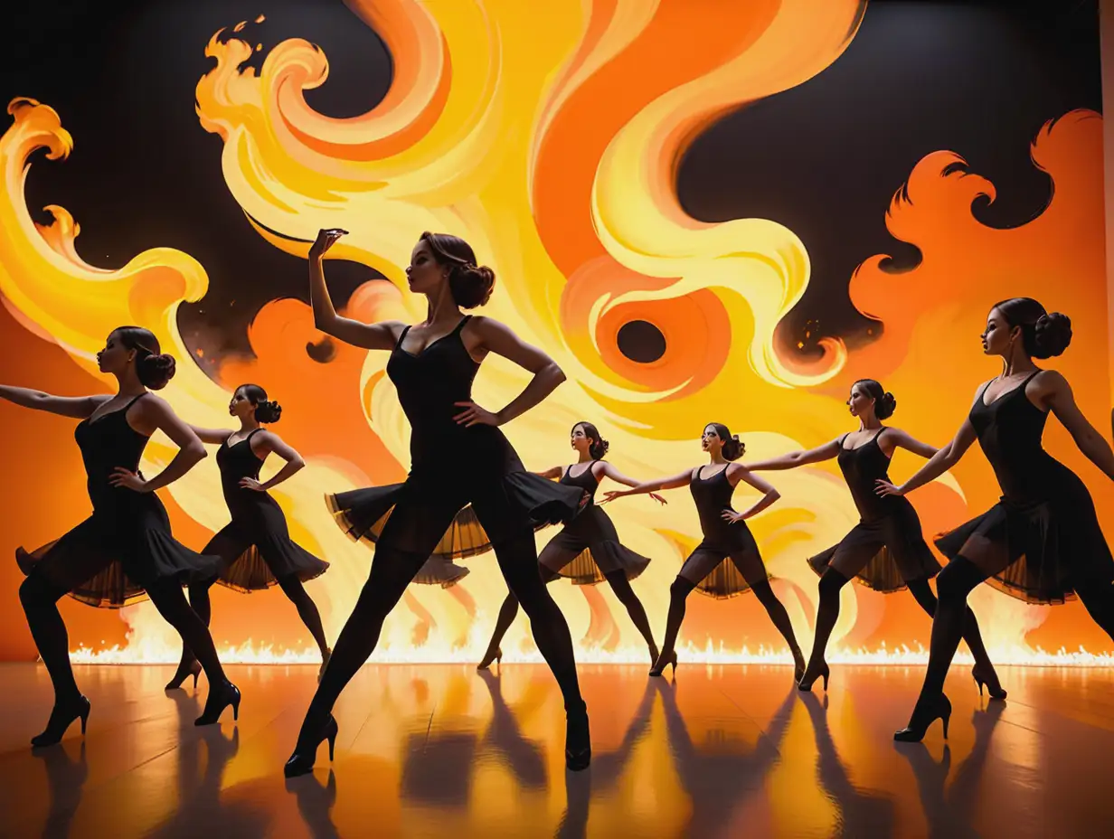 Silhouetted-1960s-Women-Dancers-in-Dynamic-Poses-Against-Vibrant-Fire-Background