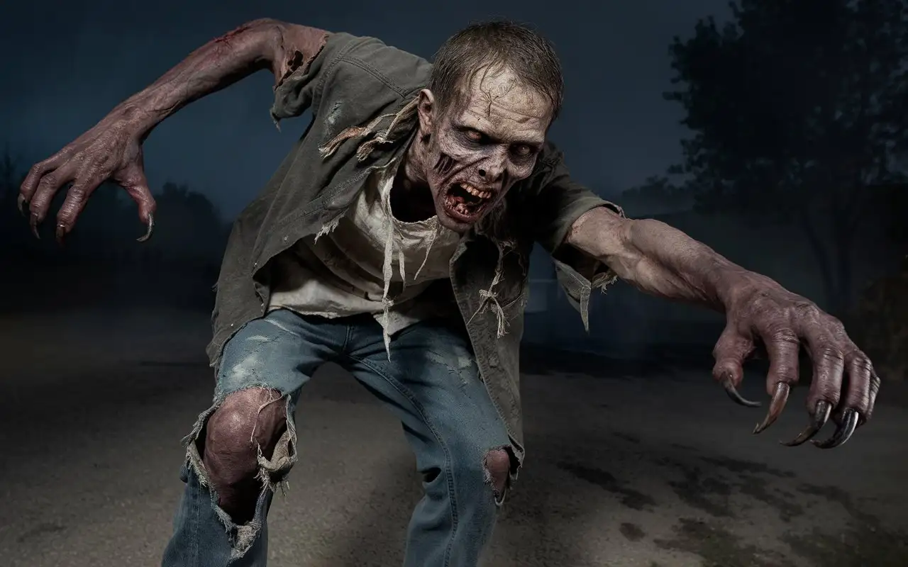 Zombie-with-Clawed-Nails-in-Torn-Clothes-Chasing-Prey-at-Night