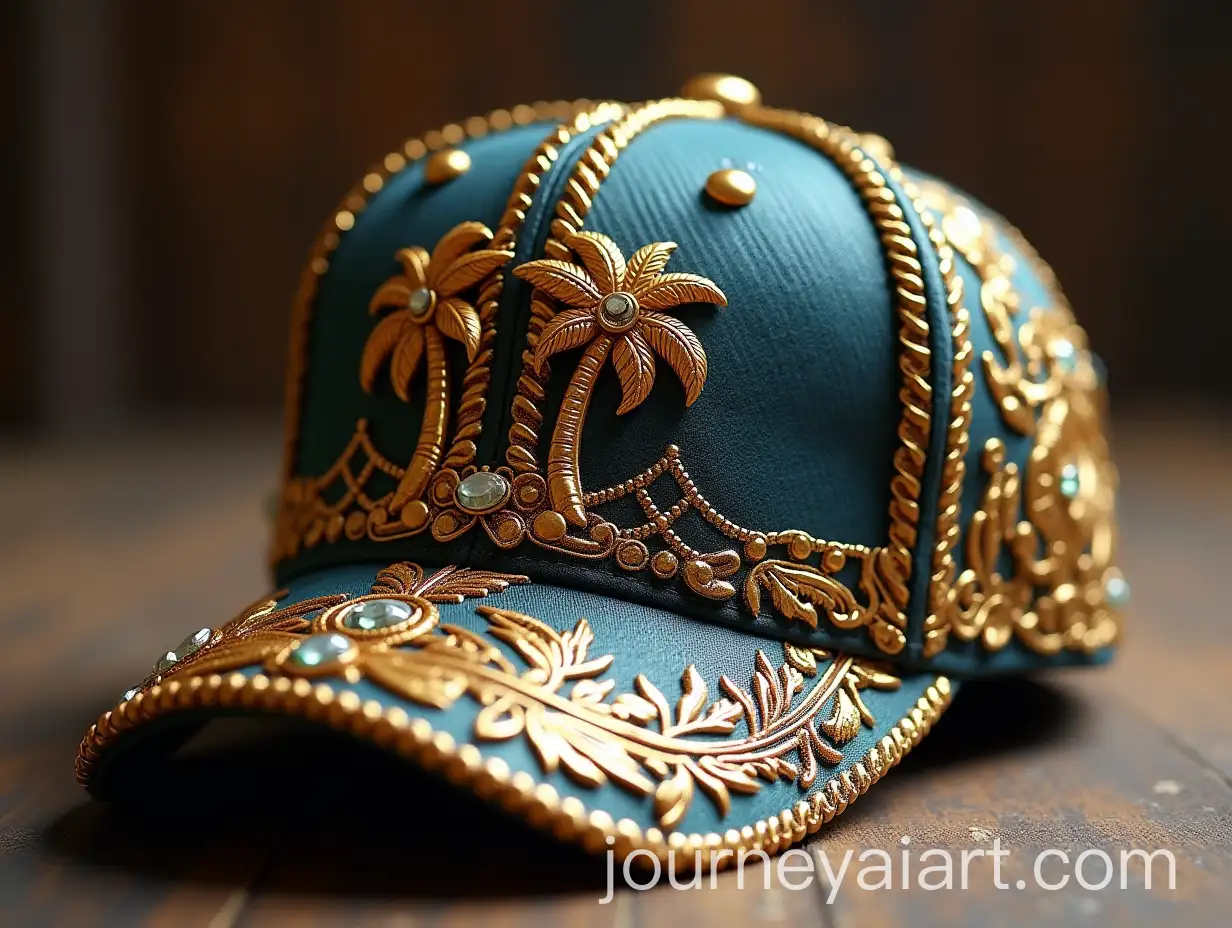 Baseball-Cap-with-Gold-Embroidery-and-Precious-Stones-Surrounded-by-Palm-Tree-Pillars