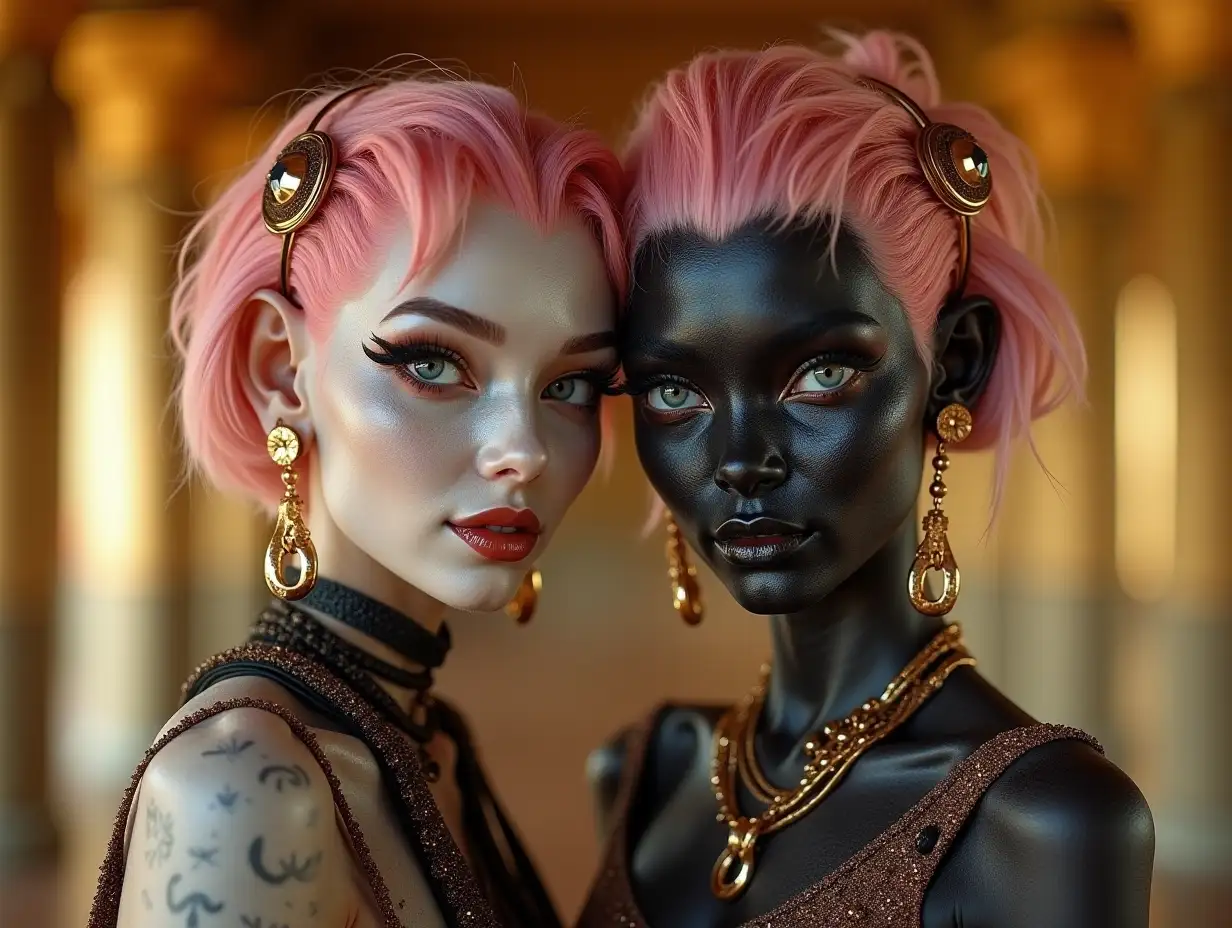 Two young women with black and white patterned faces, alien features, pink hair, a slight smile on their faces highlighting their smiles, adorned with modern retro jewelry, in a temple with much gold in various shades 4k