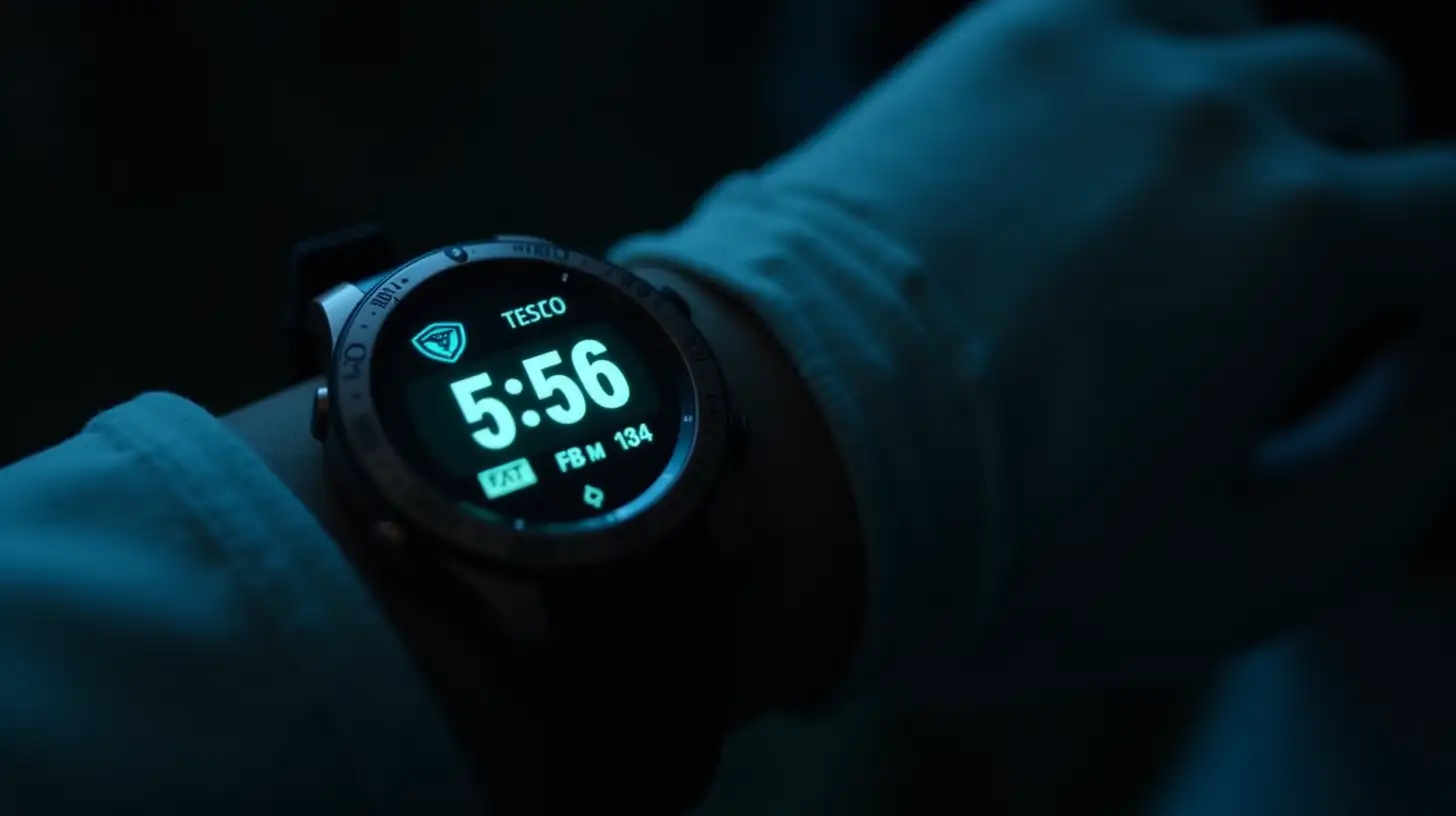 A close-up of a futuristic digital watch on an astronaut’s wrist, glowing faintly in the dim interior of the escape pod. The display shows time and vital signs, casting a soft light on the astronaut's glove.