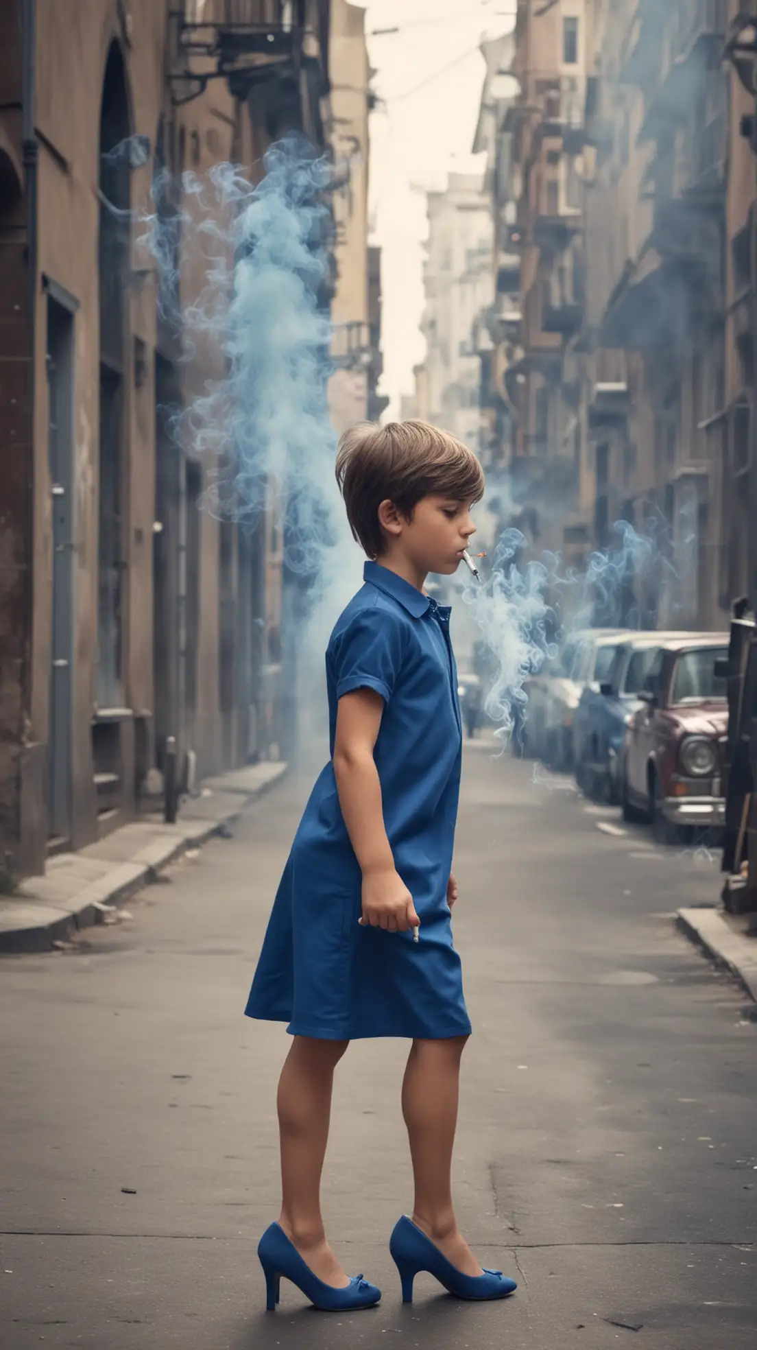 little young boy wear blue dress and blue high heels and staying in the city and smoking cigarette with smoke and short brown hair