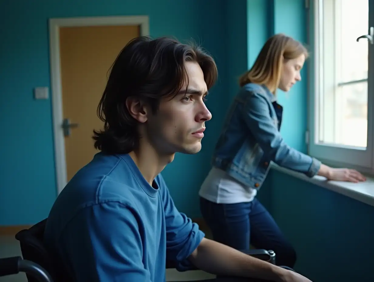 Young-Man-in-Wheelchair-Looking-Sad-by-the-Window-as-Girl-Enters-Room