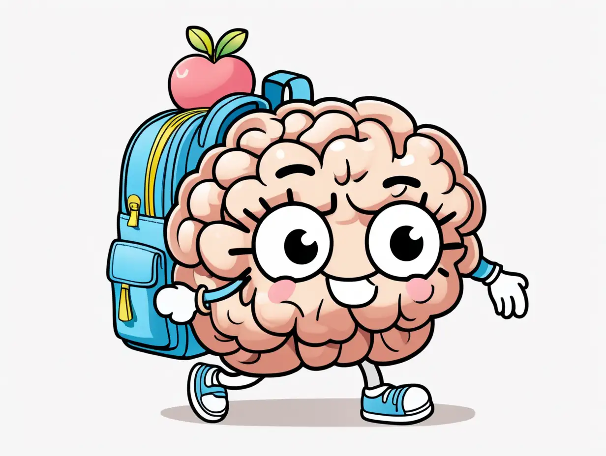 Happy Human Brain Going to School with Backpack Comic Kawaii Style