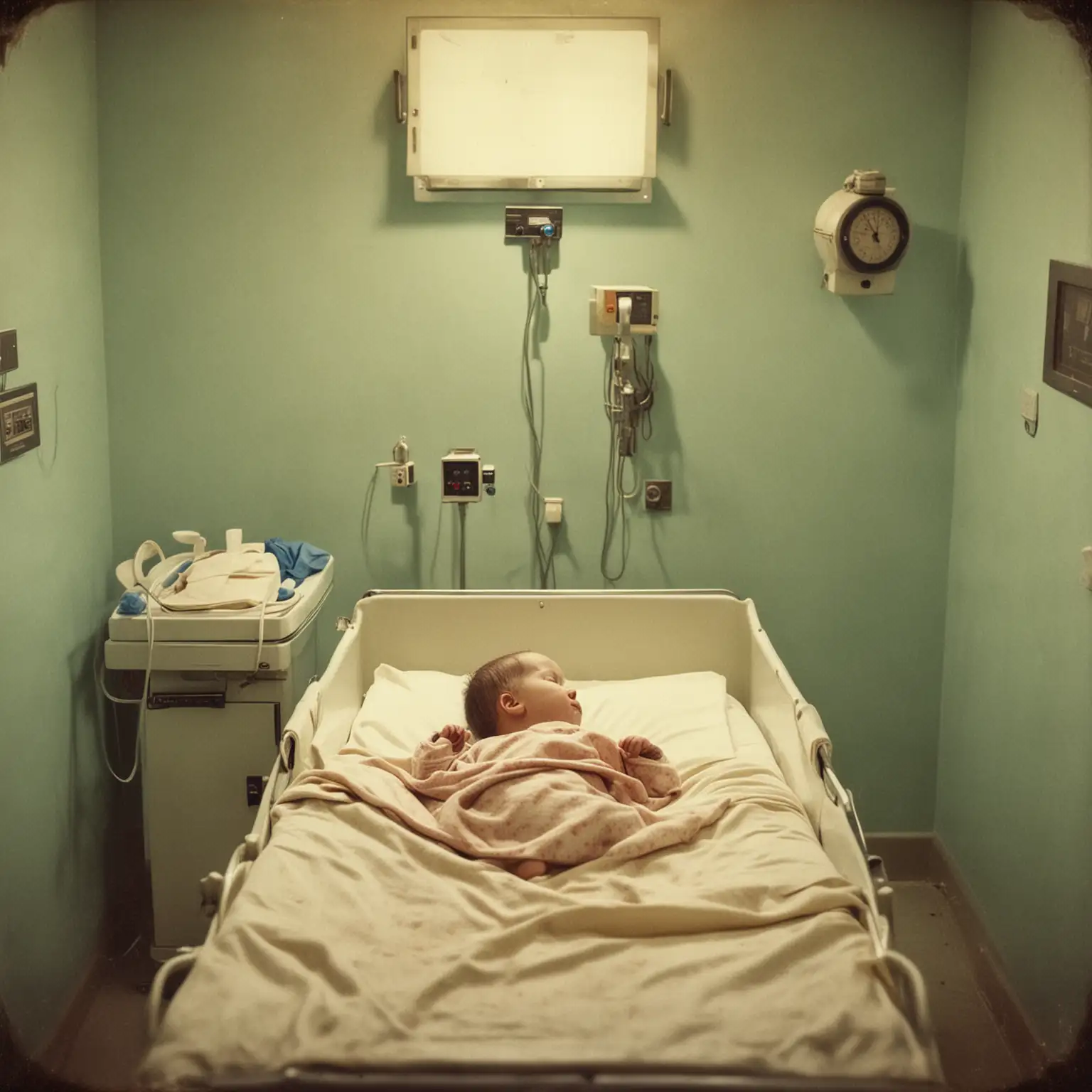 Newborn Baby in Delivery Room Vintage Grainy Photography